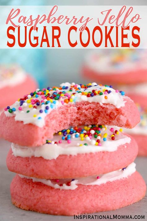 Raspberry Jello Sugar Cookies - Inspirational Momma Raspberry Jello Cookies, Jello Sugar Cookies, Raspberry Sugar Cookies, Recetas Aesthetic, Easiest Cookie Recipe, Jello Cookies Recipe, Cookie Roll, Jello Cakes, Dessert Kabobs