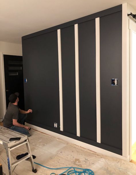 White Board And Batten Dark Wall, Board And Batten Black Wall, Dark Gray Board And Batten Wall, Black Kitchen Accent Wall, Iron Ore Board And Batten Wall, Dining Room Black Accent Wall, Dark Accent Wall Colors, Black Wood Accent Wall, Black Accent Wall Office