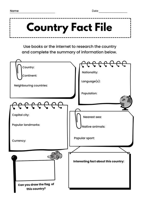 Country Fact File Worksheet in Colorful Simple Style - Templates by Canva Nationality Worksheet, Country Fact Sheet, Countries And Nationalities Worksheet, Fact File Template, Country Worksheet, Uk Facts, Easter Handprint, Paper Craft Work, Geography Project