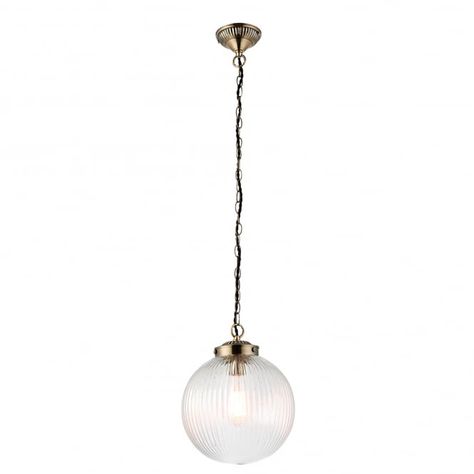 Brydon Single Light Medium Ceiling Pendant in Ribbed Glass and Antique Brass Finish Clear Glass Pendant Light, Small Pendant Lights, Single Pendant Lighting, Ribbed Glass, Led Lamps, Kitchen Pendant Lighting, Globe Pendant, Globe Lights, Glass Pendant Light