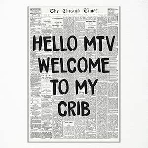 mifyuibytr Hi MTV, Welcome To My Crib Newspaper Canvas Wall Art, Vintage Black and White News Poster, Trendy 70's Room Aesthetic Poster for Wall, Typography Print Art for Bedroom 24x36in Unframed 70s Room Aesthetic, 70's Room, Wall Typography, News Poster, 70s Room, Welcome To My Crib, Poster For Wall, Newspaper Canvas, Aesthetic Poster