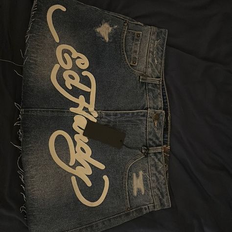 Ed hardy size large mini skirt Ed Hardy Skirt, Y2k Denim Skirt, Denim Mini Skirts, Ed Hardy Jeans, Senior Szn, Tattoo Mini, Mini Denim Skirt, Clothing Business, Selfie Inspo