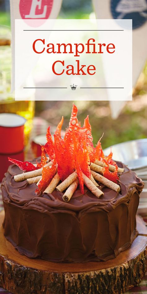 Camping Birthday Cake, Campfire Cake, Fire Cake, Camping Theme Birthday Party, Camping Cakes, Camping Theme Birthday, Camping Theme Party, Yellow Candy, Camping Birthday Party