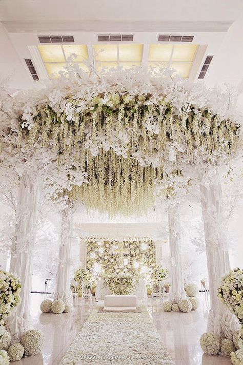 Gorgeous Wedding Ceremony ~ Axio Axio  | bellethemagazine.com All White Wedding, Ceremony Flowers, Mod Wedding, Deco Floral, Wedding Aisle, Indoor Wedding, Wedding Ceremony Decorations, The Ceiling, Wedding Cake Designs