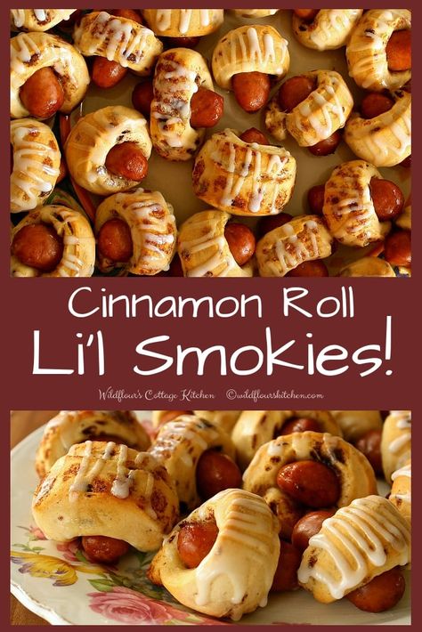 The EASIEST, and most SIMPLE retro appetizer there is out there! Only 2 ingredients!! This makes a nice amount, but don't worry. These Cinnamon Roll Li'l Smokies will all get eaten no problem! These are super fun for breakfast, too!        I hadn't had these since middle school, when we made them… Breakfast Lil Smokies Recipes, Lil Smokies Recipes, Little Smokies Recipes, Smokies Recipe, Little Smokies, Lil Smokies, Breakfast Crescent Rolls, Simple Retro, Christmas Breakfast