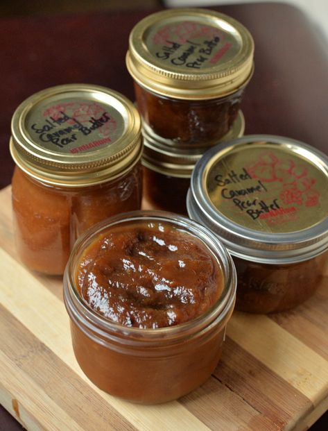 Salted Caramel Pear Butter Recipe, Caramel Pear Butter, Pear Recipe Canning, Pear Butter Canning Recipes, Salted Caramel Pear Butter, Asian Pear Butter, Asian Pear Jam, Salted Caramel Apple Butter, Pear Canning