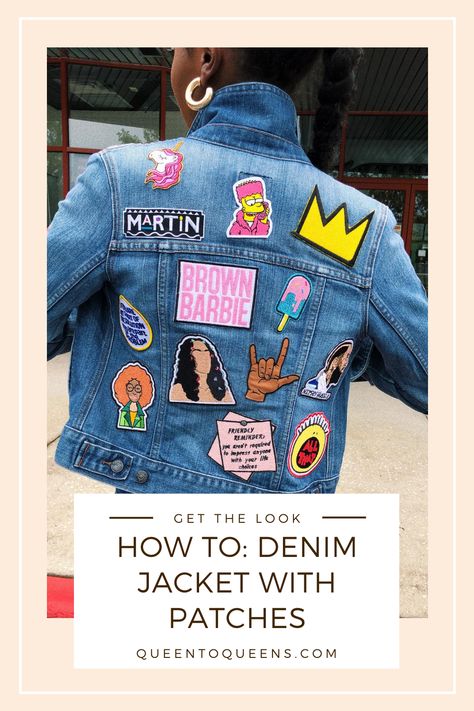 How to create a denim jacket with patches that reflects who you are as a person using simple and easy tools. No sew.  How Jean Jacket Iron On Ideas, How To Put Patches On Jean Jacket, Denim Jacket Patches Inspiration, Denim Jacket With Patches Diy, Iron On Jacket Ideas, Diy Patch Jean Jacket, Jean Jacket With Patches Outfit, Iron On Patches Ideas Clothes Denim, Diy Denim Jacket Patch