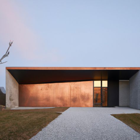 modern minimal home in the countryside, concrete exterior with copper roof Copper Facade Architecture, Copper Facade, Copper In Architecture, Concrete Exterior, Copper House, Cabin Interior Design, Architecture Mapping, Terracotta Roof, Simple Building