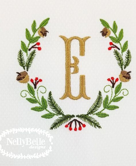 Holly Embroidery Pattern, Christmas Monogram Embroidery, Christmas Alphabet Letters Embroidery, Nellybelle Designs, Floral Monogram Letter Embroidery, Acorn Wreath, Holiday Monogram, Diy Crochet Bag, Christmas Embroidery Designs