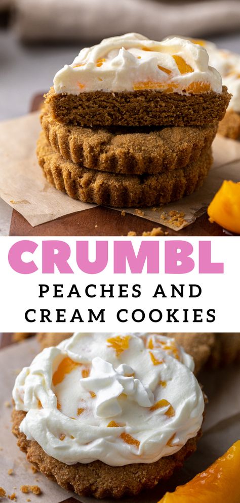 These CRUMBL peaches and cream cookies taste like like the best peaches and cream pie you'll ever have! The graham cracker cookie base balances out the sweet peach topping perfectly. Graham Cracker Crust Cookies, Best Peach Pie, Peach Topping, Peaches And Cream Pie, Fruit And Cream, Crumble Cookie Recipe, Lifestyle Of A Foodie, Peach Cookies, Graham Cracker Cookies