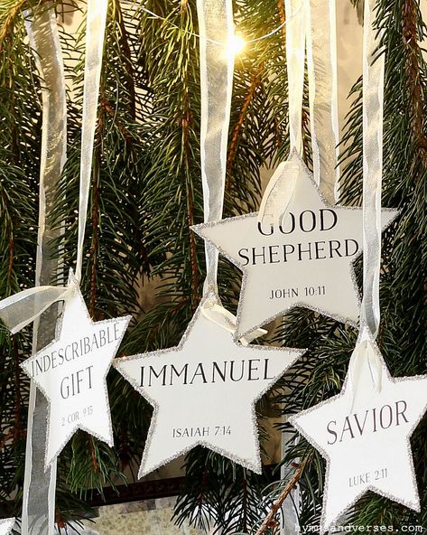 Printable Star Ornaments with the Names of Jesus and Scripture references. Use as a Countdown to Christmas or as part of Advent. #hymnsandverses #advent #countdowntochristmas #christmascountdown #starornament #starornaments #printable #printableornaments #printables #pinebranch #christmasprintable #diyornament #christmasdecor Advent Christmas Decorations, Christmas Tree Ideas Christian, Names Of God Christmas Tree, Christian Christmas Decorations Home, Ward Christmas Gift Ideas, Star Themed Christmas Decorations, Manger To The Cross Christmas, Scripture Christmas Ornaments, Names Of Jesus Advent Free Printable