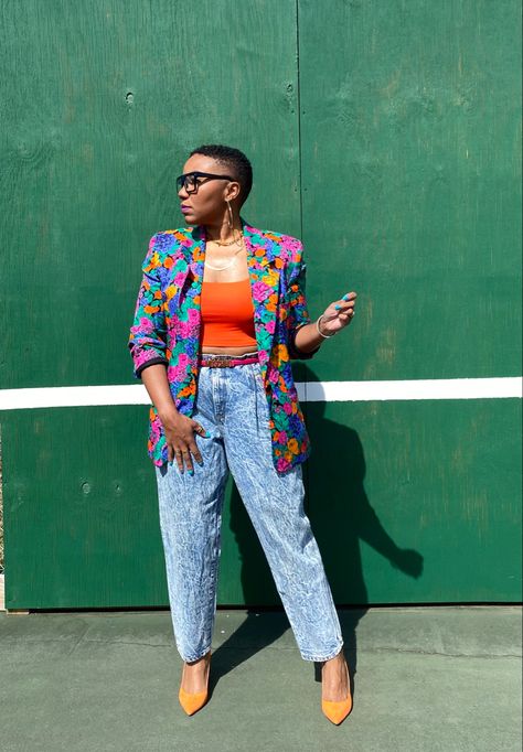 Patterned Outfits Aesthetic, Color Block Outfits Aesthetic, Black Power Photoshoot Ideas, Afrocentric Outfits Street Styles, Twa Fashion Outfits, Eclectic Personal Style, Bright Jeans Outfit, Plus Size Bright Outfits, Summer Eclectic Outfits