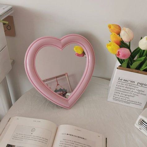 Pastel Mirror, Pastel Aesthetic Room, White Korean, Mirror Wall Hanging, Danish Pastel Aesthetic, Heart Mirror, Decorative Mirrors, Pastel Room, Pink Mirror