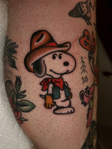 Yo Gabba Gabba Tattoo, Old Movie Tattoo, American Traditional Dachshund Tattoo, Matching Tattoos American Traditional, Snoopy American Traditional Tattoo, American Trad Filler, Cowboy Snoopy Tattoo, Snoopy Traditional Tattoo, Luchador Mask Tattoo