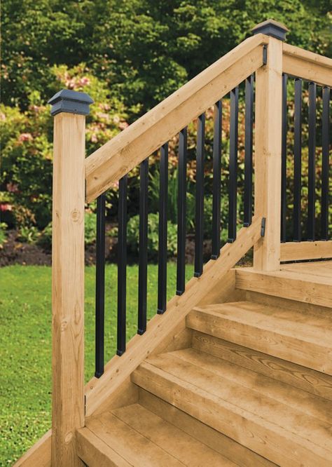 Shop our selection of deck railings, kits, rails balusters, parts & accessories all at unbelievable prices at the Home Depot Canada. Order online. Wood Railings For Stairs Outdoor, Wood Deck Railing Ideas, Front Deck Ideas Entrance Porch Designs, Small Deck Designs, Horizontal Deck Railing, Veranda Railing, Deck Rails, Deck Stair Railing, Stair Railing Kits