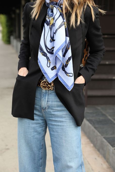 Hermes Cashmere Shawl Outfit, Hermes Scarf Outfit Street Style, How To Wear An Hermes Scarf, How To Style Hermes Scarf, Hermes Silk Scarf Outfit, Styling Hermes Scarf, How To Wear Hermes Scarf Silk, Scarf And Blazer Outfit, Hermes Scarf How To Wear