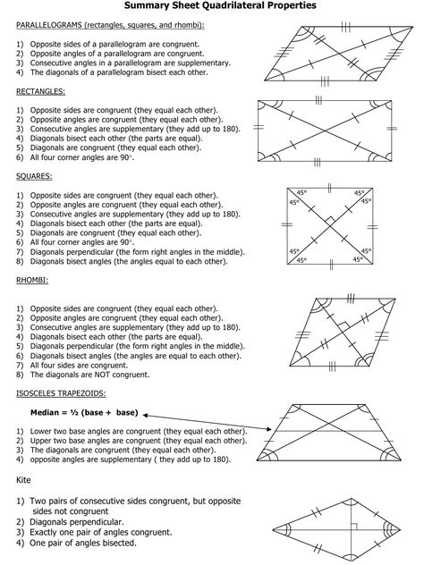 Properties Of Parallelogram, Properties Of Polygons, Properties Of Shapes, Geometry Proofs Cheat Sheet, Parallelogram Properties, Geometry Properties, Properties Of Quadrilaterals, Math Formula Sheet, Quadrilaterals Worksheet