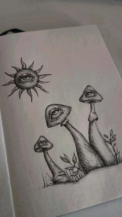 Mushroom Sketches Easy, Shaded Mushroom Drawing, Mushrooms With Eyes Drawing, Mushroom Ideas Drawing, Mushroom Eyes Drawing, Trippy Sketch Ideas Pencil, Eye Mushroom Art, Shrooms Drawings, Cute Drawings Of Mushrooms