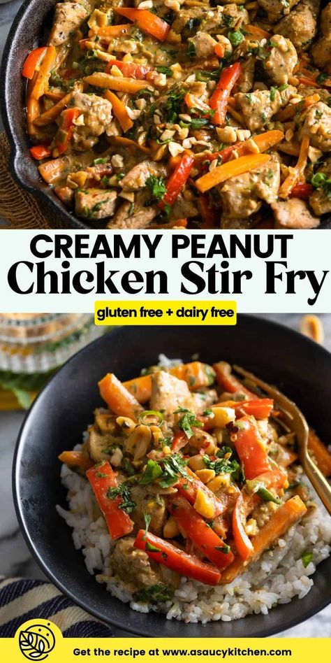 Sweet, salty, zesty, creamy, crunchy and most importantly - delicious! This Peanut Chicken Stir Fry comes together in one pan with a few easy to follow steps in no time. | Gluten Free + Dairy Free + Soy Free Option Peanut Stir Fry, Peanut Chicken Stir Fry, Dairy Free Soy Free, Peanut Chicken, Cooked Carrots, Chicken Stir Fry, Vegetable Stir Fry, Gluten Free Breakfasts, One Pan