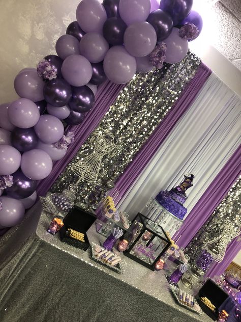 Purple and Silver 50 and fabulous theme Sweetscape  #chicago #chicagopartyplanner #ajuicyevent #balloons #party #eventplanner #sweets #props #photography #swipe  Follow us on IG & FB @aJUICYevent Purple Silver Birthday Party, Purple Theme Decorations, Purple And Silver Themed Birthday Party, Purple And Silver Retirement Party, Purple Silver Birthday Decorations, Purple Black And Silver Sweet 16, Silver And Purple Decorations Party, Purple Black And Silver Graduation Party, Purple Silver Sweet 16