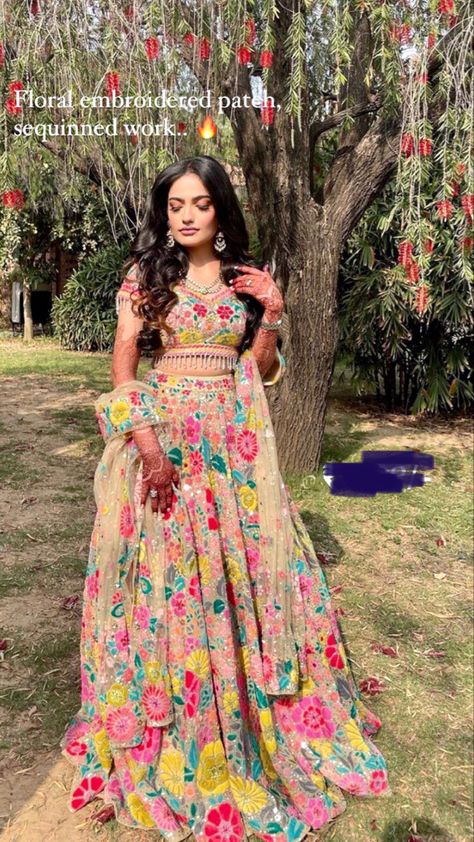 Multicolored Lehenga For Haldi, Mehandi Dresses For Brides, Mehendi Ceremony Outfits, Haldi Dress For Bride, Mehndi Dress For Bride, Ganesh Pooja, Indian Fits, Haldi Ceremony Outfit, Garba Dress