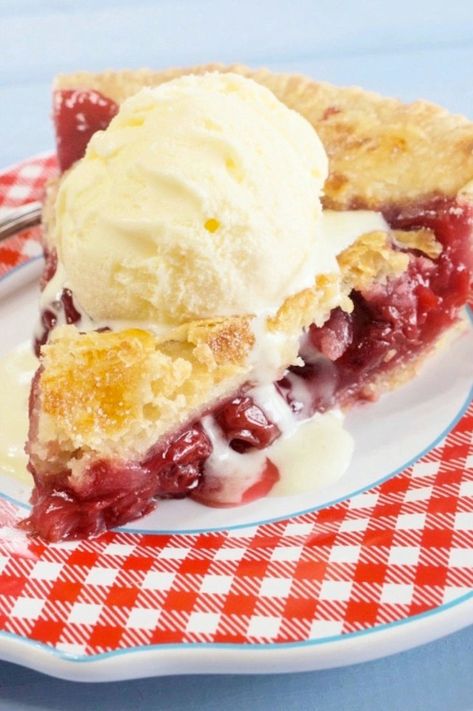 A slice of red tart cherry pie topped with vanilla ice cream. Cherry Pie With Tart Cherries, Cherry Pie Recipes Frozen Cherries, Red Tart Cherries Recipes, Tart Cherry Pie Filling Recipes, Tart Cherry Pie Recipe, Cream Cheese Cherry Pie, Tart Cherry Recipes, Fresh Cherry Pie Recipe, Best Cherry Pie