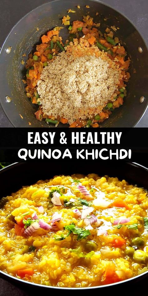 Quinoa khichdi is a delicious one-pot Indian-style quinoa recipe. It's made by cooking quinoa with lentils, vegetables, and Indian spices. This wholesome dish is vegan and gluten-free. Indian Quinoa Recipes, Khichdi Recipe Indian, Quinoa Khichdi, Masala Khichdi, One Pot Rice Meals, Soul Recipes, Cooking Quinoa, Vegan Indian Recipes, Quinoa Soup