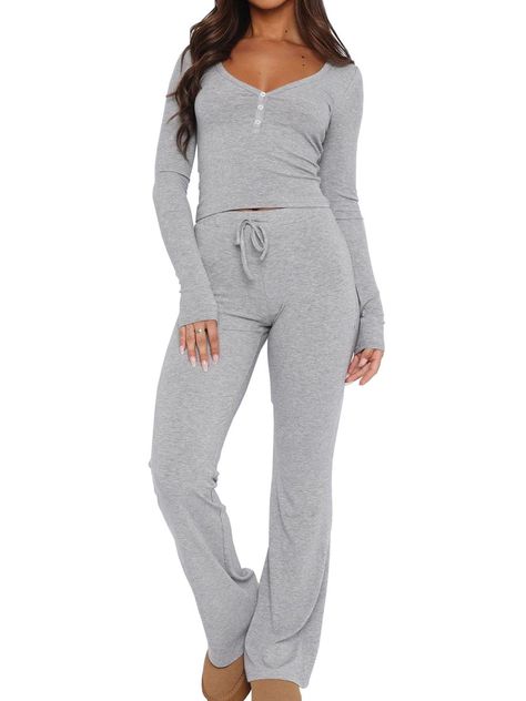 PRICES MAY VARY. Material: 95%Rayon+5%Spandex. soft and lightweight, which is breathable and skin friendly to makes you feel cool and cozy, to enjoy comfortable sleep. Features: Women 2 piece outfits with tight fitting type, solid color. Ribbed knit button down long sleeve crop tops and sweatpants. V-neck lounge sets. Pajama sets for women 2 piece. Fashion outfits: Women two piece tracksuits can be worn both at home or wear it to exercise. And it's the best choice for summer outfits. Occasions: Cozy Home Outfit, Lounge Sets For Women, Pajamas Outfit, Crop Top And Sweatpants, Pajama Outfit, Cute Pjs, Comfy Sets, Lounge Outfit, Pyjama Set