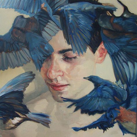 Meghan Howland "Untitled (Birds, blue)" 2011 oil painting | by Plum leaves Bird Attack, Head And Shoulders, Blue Birds, Art Fantasy, A Level Art, Bird Art, Figurative Art, Painting Inspiration, Portrait Painting