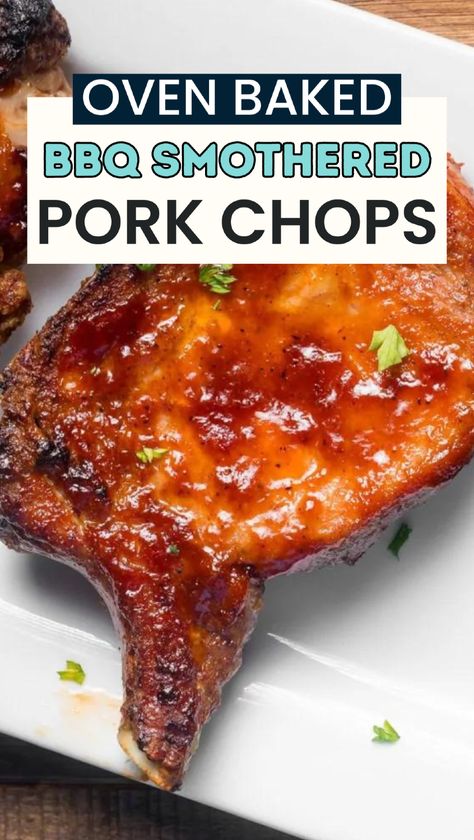 Transform your weeknight dinner with our easy oven baked BBQ pork chops. This pork chop recipe is perfect for family dinners, offering tender, juicy chops smothered in a sticky barbecue sauce. The secret to these flavorful pork chops is the broil at the end, which gives them a caramelized, slightly charred finish. Quick and simple to make, this fun easy recipe will become a favorite in your dinner rotation. Try it tonight and enjoy a delicious pork dinner! Pork Chop Baked In Oven, Easy Pork Chop Recipes In Oven, Bbq Pork Chops In Oven, Baked Bbq Pork Chops, Pork Chops In The Oven, Barbecue Pork Chops, Oven Pork Chops, Baked Pork Chops Oven, Bbq Pork Chops