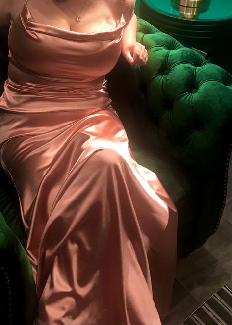 Cowl Neck Floor Length Dress, Salmon Satin Dress, Pink Prom Dresses Silk, Pink Silk Dress Aesthetic, Dresses For School Dance, Pink Aesthetic Dress, Sofa Drawing Room, Silk Dress Aesthetic, Salmon Pink Dress