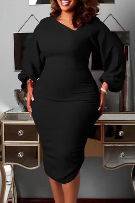 Black Casual Solid Patchwork Asymmetrical Collar One Step Skirt Dresses Office Wear Plus Size, Asymmetrical Collar, Corporate Dress, Plus Size Bodycon, Office Outfits Women, Patchwork Skirt, Dress Women Elegant, Bodycon Dress With Sleeves, Career Dress