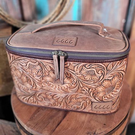 6666 Collection Tooled Leather Train Case ACCESSORIES - Luggage & Travel - Cosmetic Bags 6666 Collection Hand Tooled Leather Portfolio, Hand Tooled Leather Purse, Tooled Leather Steering Wheel Cover, Easy Leather Projects, Tooled Leather Pattern, Western Things, Custom Leather Work, Personalized Leather Gifts, Tooled Leather Wallet