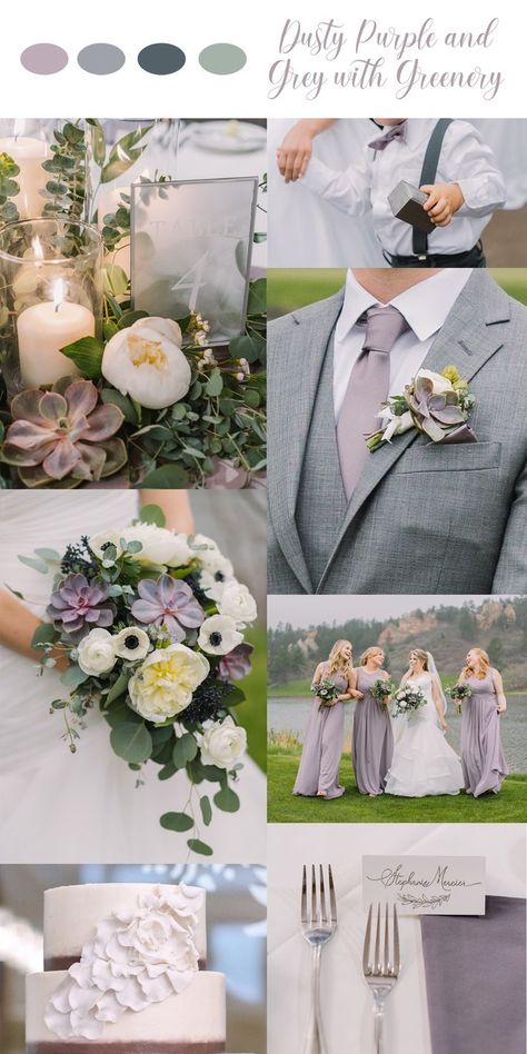 Wisteria Color Palette Wedding, Lavender Gray Wedding Theme, Grey And Plum Wedding, Fall Wedding Colors Lilac, Purple Sage And Grey Wedding, Wisteria And Grey Wedding, Dusty Lavender And Grey Wedding, Dusty Purple Color Scheme, Wedding Grey Color Schemes