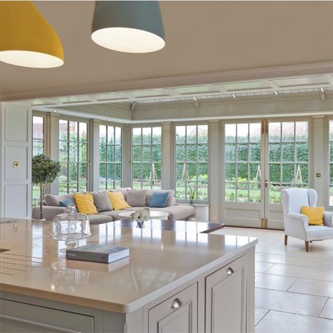 Orangery Extension Kitchen, Glazed Extension, Kitchen Orangery, Orangery Extension, Conservatory Kitchen, Open Plan Kitchen Dining Living, Open Kitchen And Living Room, Open Plan Kitchen Diner, Open Plan Kitchen Dining