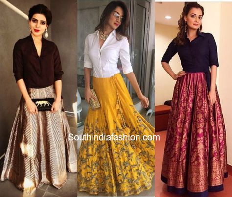 Silk Shirt With Lehenga, Lehnga Shirt Style, Lehanga Shirt Style, Lehenga Skirt With Shirt, Skirts With Shirts Indian, Black Shirt Lehenga Outfit, Skirt Shirt Indian Outfit, Shirt With Lehenga, Lehenga Haldi