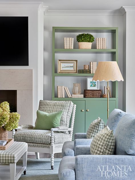 Preppy Home Decor Living Room, Green And Blue Living Room Ideas, Blue And Green Living Room, Painted Brick Exteriors, Atlanta Homes, Living Room Green, Family Rooms, A Living Room, House Tour