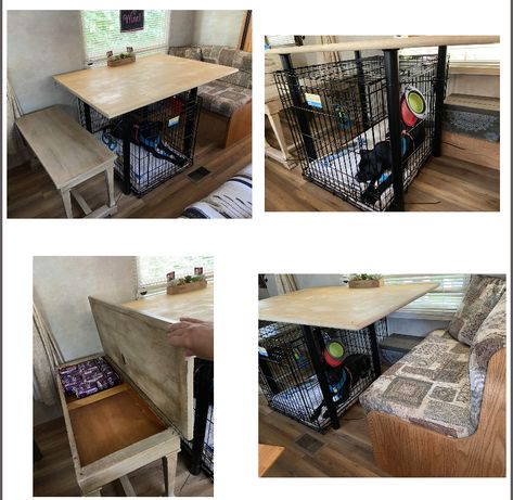 Camper Pet Ideas, Camper Dog Kennel Ideas, Dog Kennel Kitchen Table, Dog In Camper Ideas, Dog Crate In Camper, Camper Living With Dogs, Dog Kennel In Camper, Dogs In Camper, Rv Dog Crate Ideas