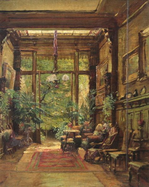 Marie Dücker (German, 1847 – 1934): Interior of a Villa Overlooking the Garden Interior Paintings, Paintings I Love, A Living Room, Interior Art, Beautiful Artwork, Classic Art, Aesthetic Art, The Wall, The Garden