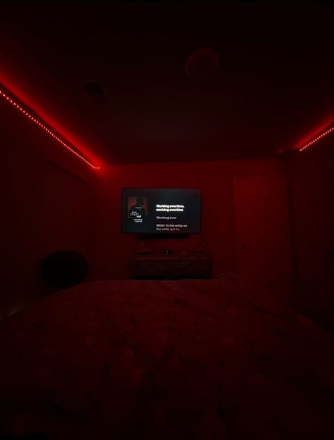 Room W Led Lights, Bedroom Red Led Lights, Night Time Bedroom Aesthetic, Dark Room With Led Lights, Led Lights Bedroom Aesthetic Boys, Man Room Decoration, Instagram Spam Posts, Red Led Lights Bedroom Aesthetic, Male Bedroom Aesthetic