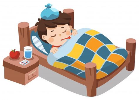 Sick cute boy sleep in bed with a thermo... | Premium Vector #Freepik #vector #abstract #medical #character #cartoon Sick Drawings, Presentation Pictures, Sick Boy, Kids Cartoon Characters, Sick Baby, Boy Illustration, Islamic Cartoon, Book Illustration Art, Girl Sleeping