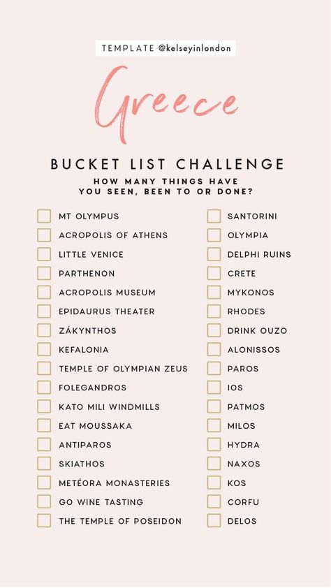 Greece Bucket List Challenge  @kelseyinlondon Life Bucketlist, Greece Bucket List, Greece Trip, List Challenges, Travel Destinations Bucket Lists, Travel Wishlist, Voyage Europe, Travel Checklist, Bucket Lists