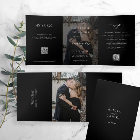 Elegant photo black wedding RSVP details QR code Tri-Fold Invitation Minimalist Black Wedding, Elegant Black And White Wedding, Popular Wedding Invitations, Budget Wedding Invitations, Black And White Wedding Invitations, Formal Wedding Invitations, Elegant Photo, Invitation Kits, Minimalist Wedding Invitations