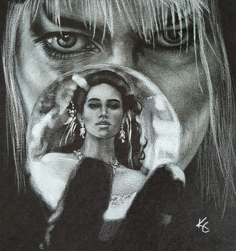 "But what no one knew is that the King of the Goblins had fallen in love with the girl." —Sarah Williams on Jareth << Love her expression and his eyes. Beautiful! | Artist: Labyrinth Movie Art, Labyrinth David Bowie, Labyrinth Tattoo, Labyrinth Jareth, David Bowie Labyrinth, Labyrinth Art, Bowie Labyrinth, Labyrinth 1986, Labyrinth Movie