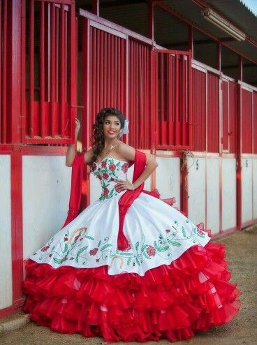 A cute Mexican dress for a 15 year old girl Charra Quinceanera Dresses, Charro Quince, Quinceanera Dresses Red, Vestido Charro, White Quinceanera Dresses, Mexican Quinceanera Dresses, Sweet 15 Dresses, Quinceñera Dresses, Red Ball Gown