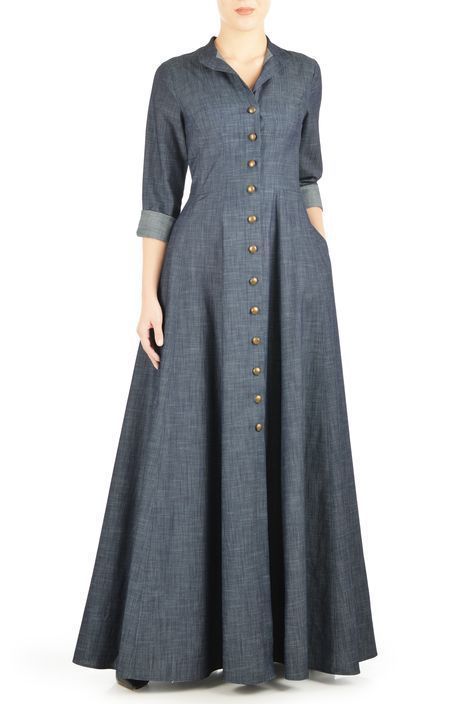 be53ee61104935234b174e62a07e53cfdesc34651151ri Stile Hijab, Chambray Shirt Dress, Maxi Shirt Dress, Muslimah Fashion, Abaya Fashion, Kurta Designs, Indian Designer Wear, Flared Skirt, Mode Inspiration