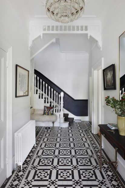 Walls are kept simple, but a cleverly painted dark strip below the dado helps carry colour from the ground floor up. #StaircaseIdeas #StaircaseDecor #Stairs White Hallway, Victorian Hallway, Painted Staircases, Elevator Interior, Design Tricks, Victorian Townhouse, London Townhouse, Hallway Flooring, Hallway Designs