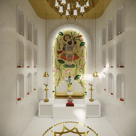 A minimalistic temple corner with elegant marble touches ✨ This mandir exudes tranquility, accentuated by a touch of grandeur and artistry. The arch frames a custom hand-painted Pichwai, with marble-carved niches on both sides adding depth and light. The brass inlay flooring provides a soothing and central element for prayer, while the gold leafed ceiling enhances the serene ambiance. #temple #templedesign #interiors #livingroom #beddroom #wooden #minimalisticdesign #interiordesign #design... Mandir Niche Design, Pichwai Mandir, Ashwini Dongre Interior Design, Temple Ceiling Design, Brass Inlay Flooring, Mandir Ceiling Design, Marble Mandir Design, Marble Pooja Mandir, Mandir Design Puja Room