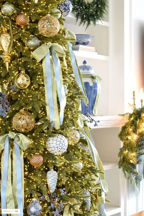 Serena And Lily Christmas Tree, Gold And Baby Blue Christmas Tree, Gold Garland Christmas Tree, Now Tree Topper, Grand Millenial Christmas Decor, Blue Green Christmas, Blue Gingham Christmas Tree, White Green And Gold Christmas Decor, Grand Millennial Christmas Tree