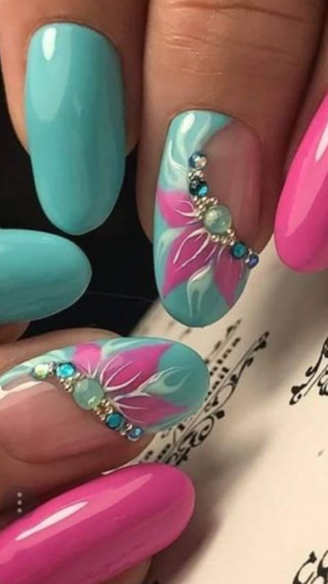 # Turquoise & Pink Nails Nail Designs Valentines, Pretty Nail Art, Acrylic Nail Art, Floral Nails, Fancy Nails, Nail Arts, Valentine's Day Nails, Best Acrylic Nails, Nail Polishes